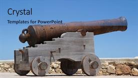  Presentation with ancient history assyria - Audience pleasing PPT layouts consisting of armory - ancient cannon on wheels backdrop and a teal colored foreground