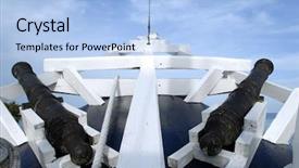  Presentation with boat - Amazing PPT layouts having armory - antique boat with cannons backdrop and a light blue colored foreground