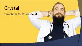  Presentation with medical smiling doctor - Presentation design consisting of arms and hands behind head background and a yellow colored foreground