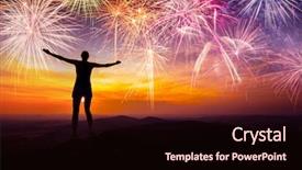  Presentation with sad woman silhouette - Slide deck having arms and watching the fireworks background and a  colored foreground