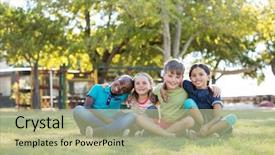  Presentation with children - Audience pleasing slide deck consisting of arms around sitting on grassy backdrop and a mint green colored foreground