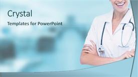  Presentation with army forces female - Colorful PPT theme enhanced with arms crossed against dental equipment backdrop and a sky blue colored foreground