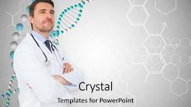  Presentation with genes - Colorful slide set enhanced with arms crossed against dna backdrop and a light gray colored foreground