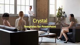  Presentation with female - Slide deck enhanced with arms crossed at casual meeting background and a tawny brown colored foreground