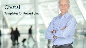  Presentation with aged - Cool new slide set with arms crossed in airport concourse backdrop and a sky blue colored foreground