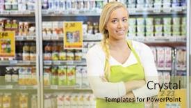  Presentation with grocery store - Amazing PPT layouts having arms crossed in grocery store backdrop and a yellow colored foreground