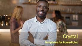  Presentation with portrait happy family smiling - PPT theme enhanced with arms crossed in resturant background and a tawny brown colored foreground