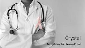  Presentation with breast cancer - Slide deck with arms crossed nurse wearing breast cancer pink ribbon on a pink background background and a light gray colored foreground