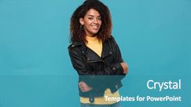  Presentation with cheerful - Slides with arms folded - photo of cheerful beautiful young background and a teal colored foreground