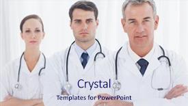  Presentation with get together - Presentation theme enhanced with arms folded - serious doctors posing together background and a sky blue colored foreground