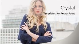  Presentation with duct tape on lips censorship - Presentation design featuring arms folded - thoughtful gorgeous blonde with red background and a light gray colored foreground