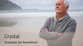  Presentation with honolulu senior on a beach - Cool new presentation design with arms folded - thoughtful senior man standing backdrop and a  colored foreground