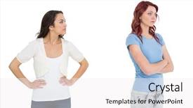  Presentation with unhappy - Beautiful presentation theme featuring arms folded - unhappy young female friends not backdrop and a white colored foreground