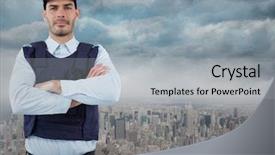  Presentation with security guard - Presentation design with arms folded against skyline background and a light gray colored foreground
