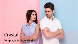  Presentation with man vs woman - PPT theme consisting of arms folded in quarrel background and a lemonade colored foreground