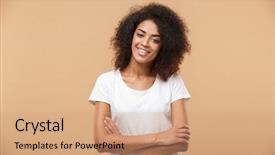  Presentation with young business woman smile show - Beautiful slide deck featuring arms folded isolated over beige backdrop and a coral colored foreground