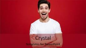  Presentation with portrait of excited overjoyed female - Presentation theme enhanced with arms folded isolated over red background and a  colored foreground