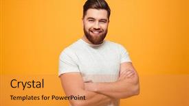  Presentation with five business people standing together and smiling - Presentation theme with arms folded isolated over yellow background and a gold colored foreground