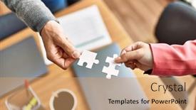  Presentation with connecting - Slide deck having arms-of-business-workers-holding background and a coral colored foreground