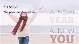  Presentation with new year - Colorful theme enhanced with arms on beach against new backdrop and a sky blue colored foreground