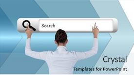  Presentation with search - Colorful PPT layouts enhanced with arms raised against search backdrop and a light blue colored foreground