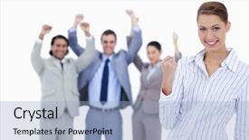  Presentation with secretary - Colorful theme enhanced with close-up of a secretary smiling and clenching her fist with enthusiastic business people with their arms raised against white background backdrop and a light blue colored foreground