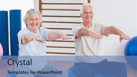  Presentation with multicultural senior citizen - Audience pleasing theme consisting of arms raised sitting on exercise backdrop and a teal colored foreground