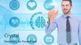  Presentation with blue line - Audience pleasing PPT theme consisting of arms up - happy businessman standing and pointing backdrop and a arctic colored foreground
