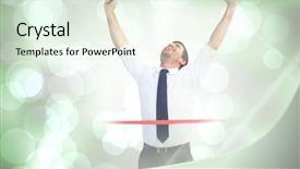  Presentation with celebrate office success - PPT theme with arms up against grey abstract background and a sky blue colored foreground