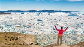  Presentation with ice frozen - PPT theme with arms up winning at iceberg background and a coral colored foreground