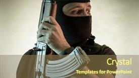  Presentation with armed conflict - Colorful PPT theme enhanced with arms wars - thief man armed with shotgun backdrop and a tawny brown colored foreground