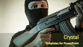  Presentation with armed conflict - PPT layouts having arms wars - thief man armed with shotgun background and a tawny brown colored foreground