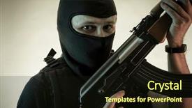  Presentation with old wite man and his music - PPT theme featuring arms wars - thief man armed with shotgun background and a wine colored foreground