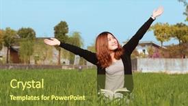  Presentation with book wide open - Slides consisting of arms wide open - asian girl relaxing outdoor background and a tawny brown colored foreground