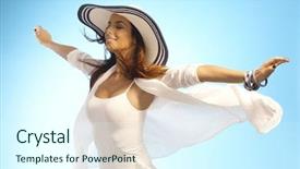  Presentation with fly - Slide set enhanced with arms wide open - attractive young woman pretending background and a cool aqua colored foreground