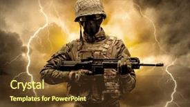  Presentation with armed conflict - PPT layouts featuring army battlefield - armed soldier standing in rainy background and a  colored foreground