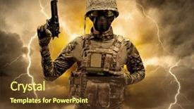  Presentation with futuristic combat soldier - Amazing presentation theme having army battlefield - armed soldier standing in rainy backdrop and a  colored foreground