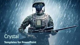  Presentation with weather aesthetic - PPT theme featuring army battlefield - armed soldier standing in rainy background and a ocean colored foreground
