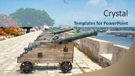  Presentation with spanish - Presentation featuring army battlefield - old spanish cannons at la background and a light blue colored foreground