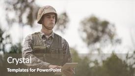  Presentation with using digital tablet - Slide deck featuring military soldier using digital tablet background and a gray colored foreground