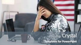  Presentation with laptop - Presentation design featuring comunicacion militar - pretty female soldier working background and a gray colored foreground