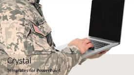  Presentation with laptop computers around the world backgroun - Theme enhanced with military technology - soldier with laptop on white background and a coral colored foreground