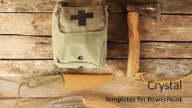 Presentation with hiking - Theme with army medicine - hiking gear on wooden background background and a yellow colored foreground
