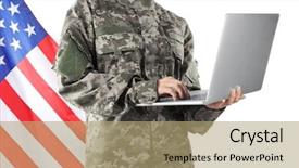  Presentation with military - Colorful presentation theme enhanced with army network - soldier holding laptop military education backdrop and a coral colored foreground