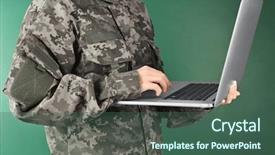  Presentation with military - PPT layouts having army network - soldier holding laptop military education background and a ocean colored foreground