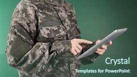  Presentation with military - Audience pleasing PPT theme consisting of army network - soldier holding tablet military education backdrop and a ocean colored foreground