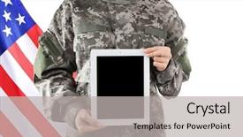  Presentation with military soldier leader - Theme enhanced with army network - soldier holding tablet military education background and a light gray colored foreground