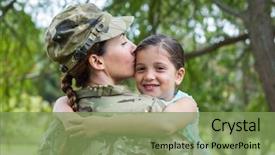  Presentation with daughter - PPT theme featuring army - soldier reunited with her daughter background and a seafoam green colored foreground