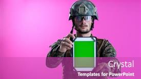  Presentation with green screen - Amazing PPT theme having army-soldier-showing-a-tablet backdrop and a purple colored foreground