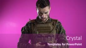  Presentation with nostalgia - Presentation design featuring army soldier using smartphone to contact family or girlfriend communication and nostalgia concept pink background background and a violet colored foreground